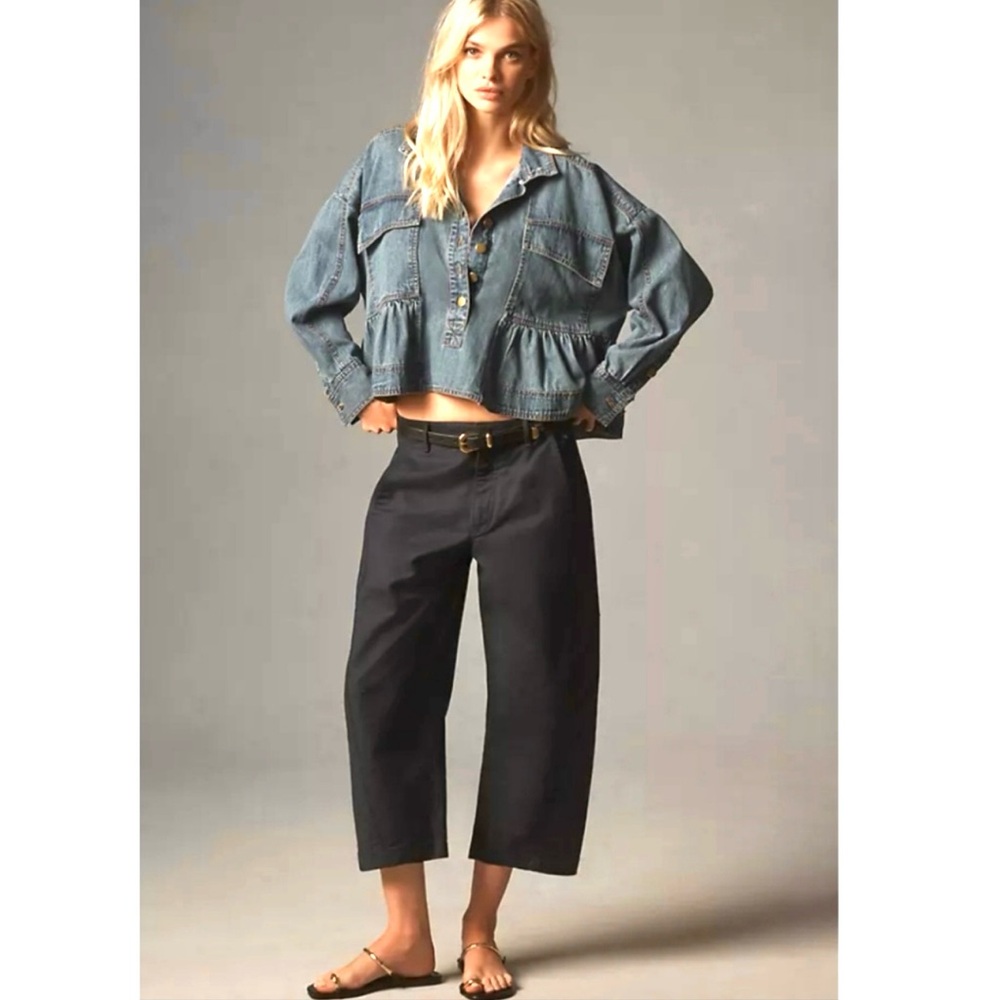 Anthropologie Maeve Navy Curved Ankle Cotton Barrel Chino Pants Pockets 10 - Picture 4 of 7